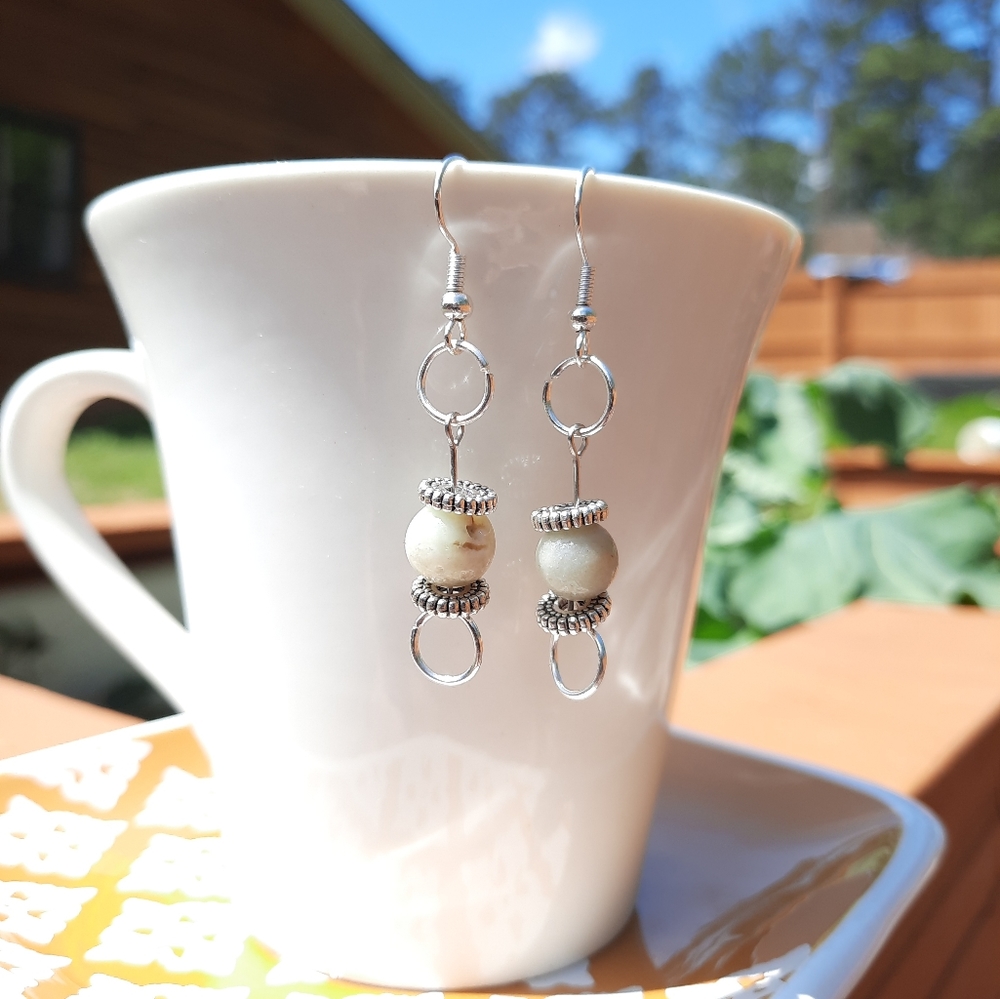 Amazonite Stone Tibetan Silver Bead Dangle Earrings